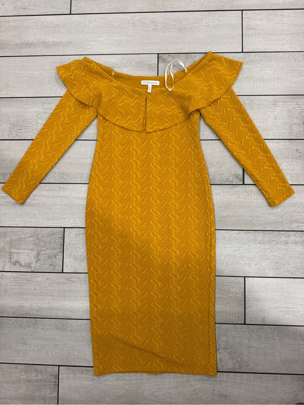 BCBGeneration Mustard Off-Shoulder Long Sleeve Ruffle Midi Dress